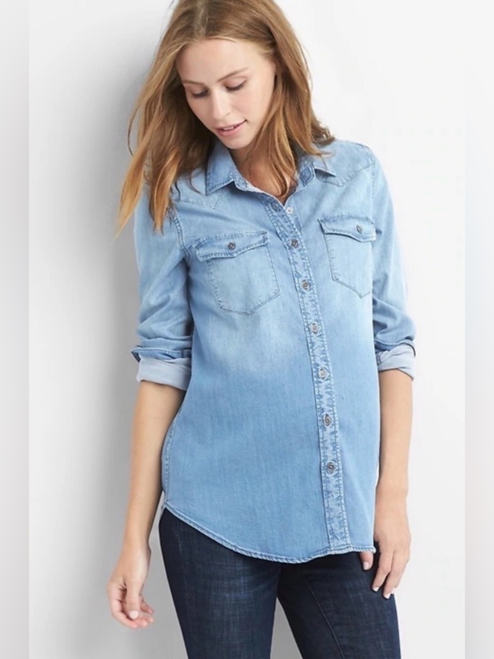 GAP Maternity 1969 Tencel Chambray Button Down Shirt XS Soft Denim